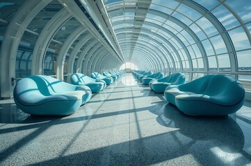 Fototapeta premium Bright modern airport lounge with blue couches and glass ceiling interior architecture turquoise contemporary furniture corridor abstract aesthetic illuminated sunlight building structure