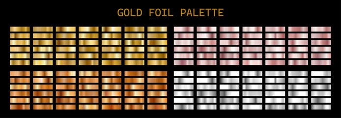 Gold Foil Palette. Copper Foil and metallic swatch degrade. Set of shiny Gold, polished silver, rose gold and champagne backgrounds. Vector illustration. © KeronnArt