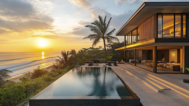 Luxury beachfront villa with infinity pool and palm trees at sunset, offering serene tropical atmosphere and modern architecture for relaxing coastal retreat