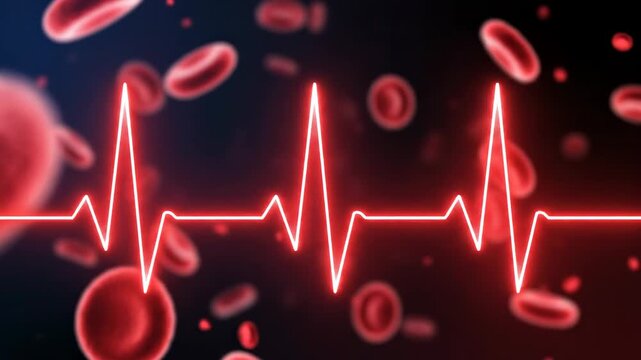 Animated electrocardiogram line with pulsing red blood cells in background, cardiology concept, medical health monitor
