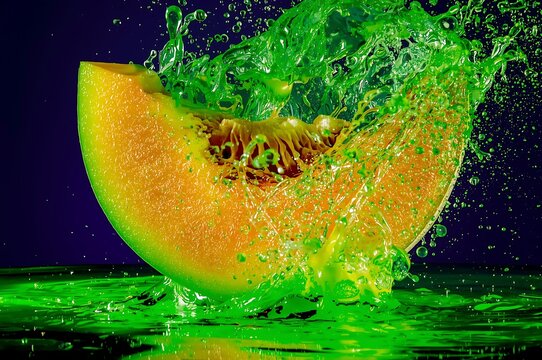 Cantaloupe slice in green splash with cantaloupe refreshing abstract delicate foodphotography geometric hydration ornamental refreshment ripeness sloshing sparkling splashing stilllife