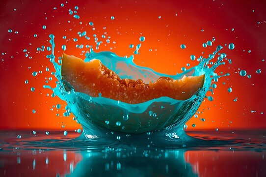  Cantaloupe slice in blue splash with cantaloupe refreshing abstract delicate foodphotography geometric hydration ornamental refreshment ripeness sloshing sparkling splashing stilllife