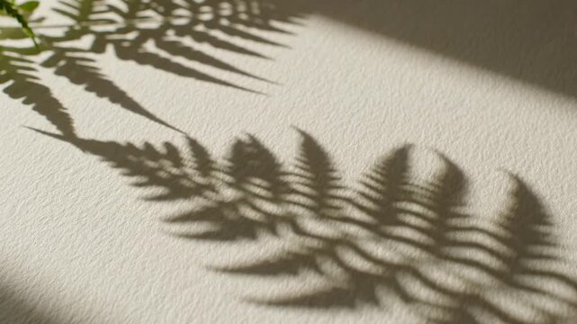 Shadows of fern leaves cast on a textured wall, dappled sunlight creating natural patterns and organic shapes, tranquil atmosphere