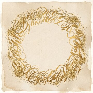 Elegant Golden Calligraphy Circular Wreath on Vintage Parchment Background with Sparkling Glitter Dust Accents