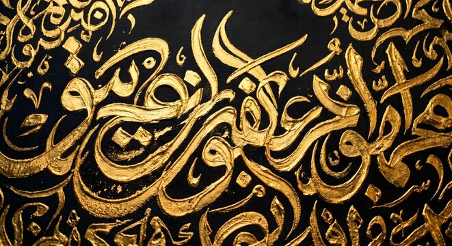 Traditional Arabic Calligraphy Art in Metallic Gold Ink on Black Textured Canvas Background