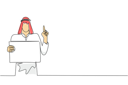 Single line drawing features a colorful Arab man pointing up while holding blank board. A vivid business advertisement concept perfectly designed for a creative startup marketing campaign.