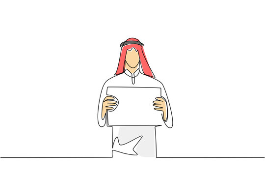 One line drawing presents a bright colorful Arabian man holding a blank placard. A fantastic corporate identity concept ideally suited for a marketing exhibition promotion banner layout.