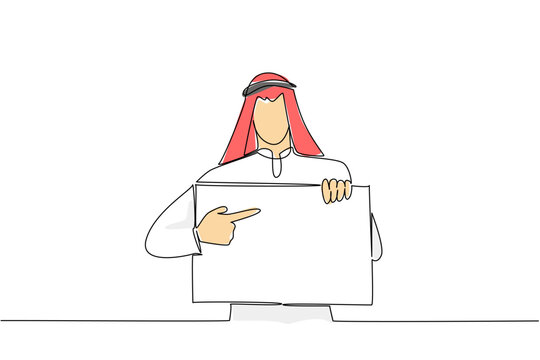 Single line drawing features a colorful Arabian man pointing his finger at a blank board. A brilliant corporate announcement concept perfectly designed for a commercial display layout.