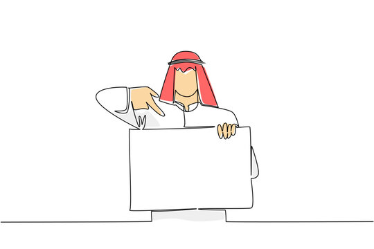 Continuous line drawing shows a bright colorful Arabian man pointing his finger down at blank board he holds. An excellent commercial advertising concept perfectly suited for a business promotion.