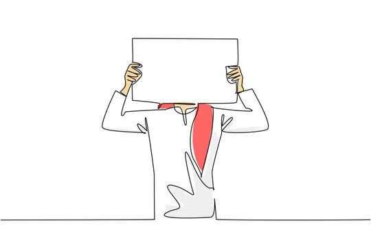Continuous line drawing displays a colorful Arab man with headscarf lifting blank board over his head. An outstanding commercial announcement concept perfectly designed for a promotion presentation.