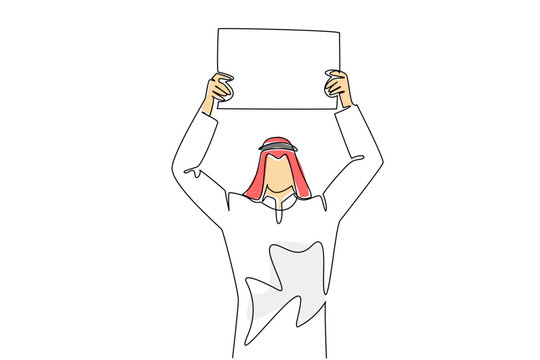 One line drawing shows a colorful Arab man with headscarf lifting a blank board high with both hands. A powerful business protest concept perfectly designed for a corporate advertising layout design.