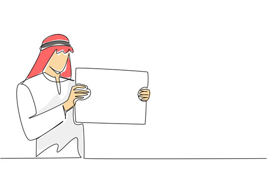 Single line drawing features a colorful Arabian man with headscarf holding blank placard to his side. An engaging corporate message concept perfectly designed for a commercial marketing banner layout.