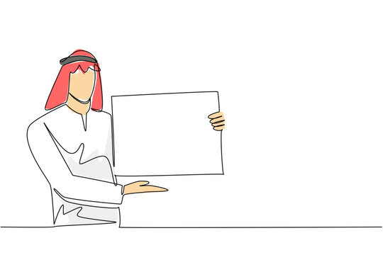 Continuous line drawing displays a colorful Arab man holding blank board at his side for presentation. An excellent commercial marketing concept perfectly designed for a corporate business layout.