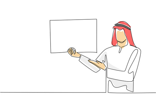 Single line drawing features a colorful Arabian man with headscarf holding blank placard and shrugging his shoulders. A brilliant commercial doubt concept designed for an advertising campaign banner.