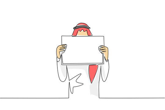Single line drawing features a colorful Arabian man covering his face with a blank placard. A brilliant business identity concept perfectly designed for a commercial marketing layout.