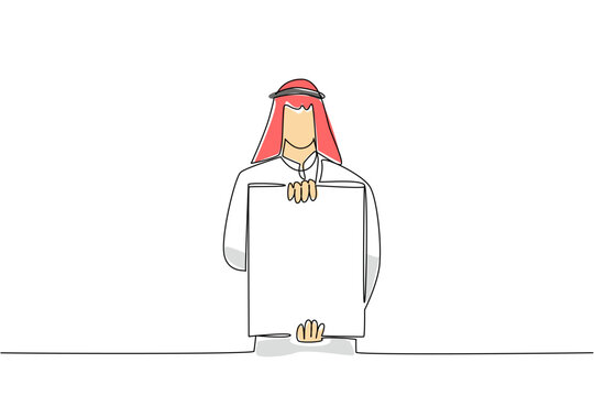 Continuous line drawing shows a colorful Arabian man standing while holding a blank placard to promote product. A strong mental pressure concept perfectly designed for a commercial promotion poster.