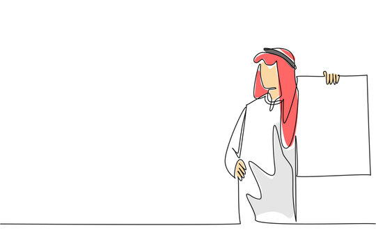 Unique colorful continuous line drawing depicts a young handsome Arab man holding a large blank placard. This artistic illustration perfectly suits an advertising concept and marketing poster.