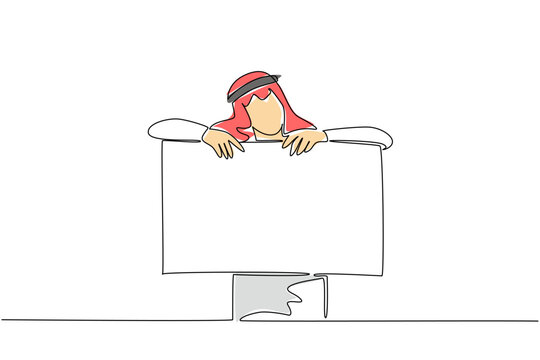 Perfect colored one line drawing presents a young handsome Arab male comfortably leaning on a blank poster paper board. This awesome image represents a technology concept for a business exhibition.