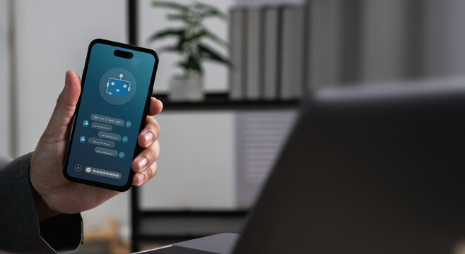 Hand holding smartphone displaying AI chatbot interface with message conversation and response flow, representing customer support service communication, automated assistance workflow and mobile help 