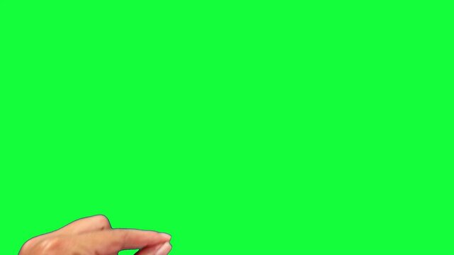 Left zoom out hand touch screen gesture on green screen chrome key background with silhouette.  