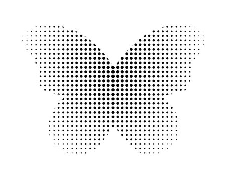 Butterfly shape with dotted texture. Trendy machaon or monarch silhouette with noise or pixel halftone print isolated on white background. Vector graphic illustration.