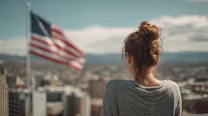 Fototapeta premium Woman with messy bun looks at waving flag symbolizing independence day with cityscape and mountains in background under cloudy sky