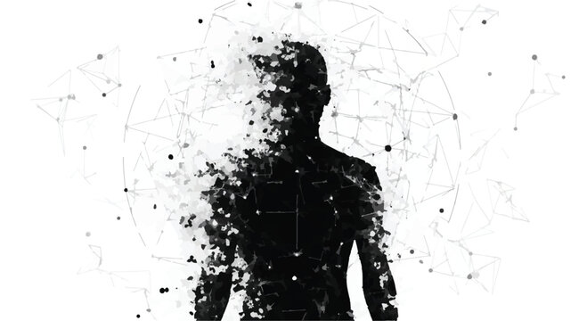 Abstract silhouette of a person dissolving into digital particles and network connections