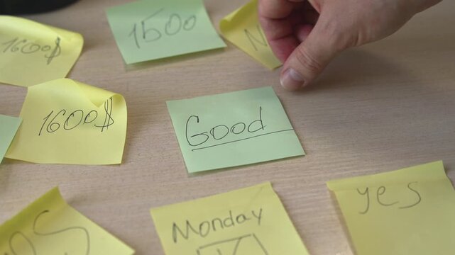 Planning Session With Colorful Notes. Financial Analyst Reviewing Budget With Colorful Sticky Notes. Media
