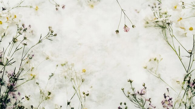 Whimsical background design featuring delicate wildflowers scattered across a soft watercolor texture The light and airy feel is perfect for invitations to a garden themed wedding or event