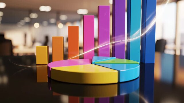 Colorful pie chart and bar graph on table ideal for B2B marketing and financial presentations