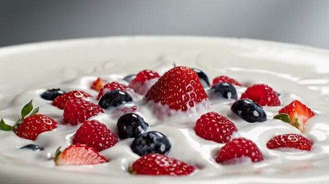 Mixed berries, strawberries, blueberries, raspberries splashing into creamy white yogurt or milk, dynamic motion, healthy breakfast, vibrant colors