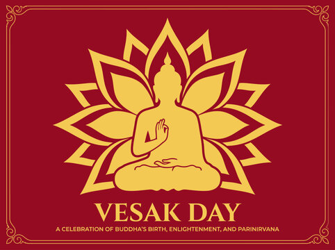 Vesak Day Greeting Card with Golden Buddha Silhouette and Lotus Flower Design on Red Background
