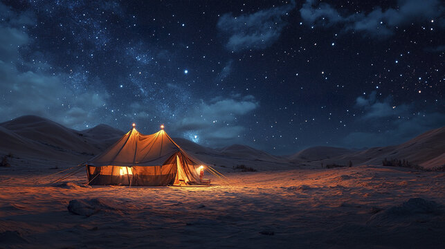 Warmly lit Bedouin tent glows under mystical desert night sky filled with stars and clouds, surrounded by sand dunes creating serene and peaceful atmosphere