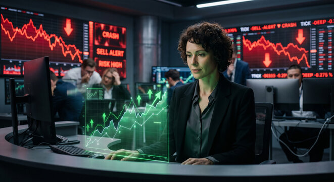 Focused businesswoman monitoring a green upward growth graph while colleagues react to a stock market crash in the background.