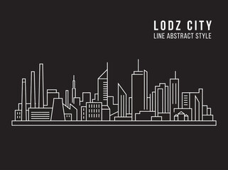 Fototapeta premium Lodz City Poland Skyline Illustration - Minimalist White Line Art on Black Background Abstract Urban Panorama