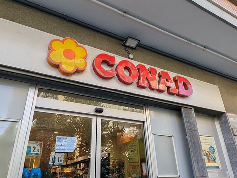 Rome, Italy - April 11, 2026, detail of the sign of a Conad superstore.