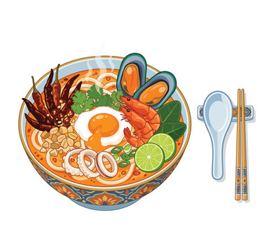 Exquisite Seafood Noodle Delight: A vibrant illustration showcases a steaming bowl of delectable noodles, adorned with an array of fresh seafood and vibrant garnishes, promising a burst of flavors.