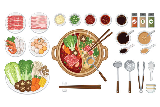 Hot Pot Feast: A mouthwatering, artistically presented hot pot feast unfolds, displaying a rich array of ingredients and accompaniments perfect for a communal dining experience.