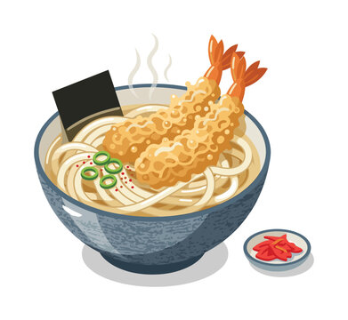 Udon with Tempura: An appetizing illustration showcasing a delicious bowl of udon noodles with crispy tempura and garnishes.