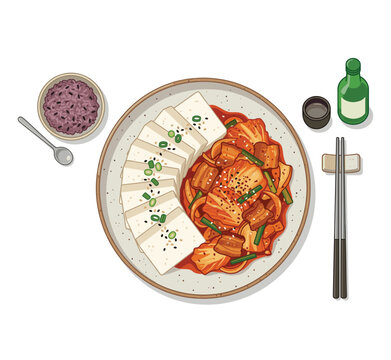 Culinary Delight: An exquisite display of Korean cuisine, featuring a delectable plate of kimchi and tofu, complemented by a bowl of vibrant rice, chopsticks, and a bottle of soju.