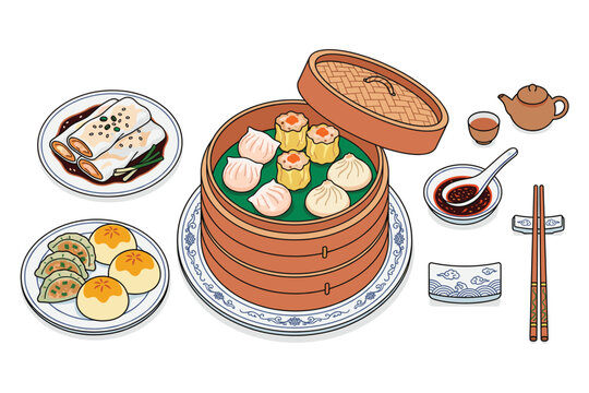 Exquisite Culinary Delight: An array of meticulously prepared traditional dumplings, rice rolls, and steamed buns, artfully presented alongside dipping sauces and tea.