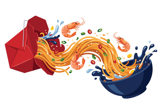 Noodle's Asian Feast: A visual explosion of Asian culinary delight, with noodles, shrimp and flavors erupting from the iconic takeout box and a bowl