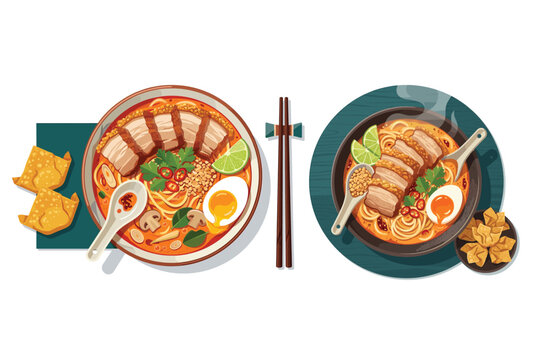 Delicious Asian Cuisine: Exquisite portrayal of meticulously crafted bowls of flavorful noodles and savory dumplings, showcasing the artistry and enticing flavors of asian culinary traditions.