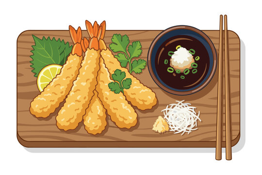 Tempura Delight: An appetizing illustration showcases golden-fried tempura shrimp, presented on a wooden board with dipping sauce and chopsticks, offering a visual feast.