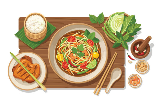 Thai culinary delight: A beautifully composed culinary arrangement featuring a vibrant Thai papaya salad, sticky rice, grilled chicken, and various fresh ingredients.