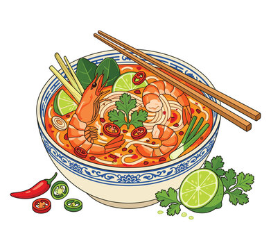 Savory Seafood Delight: An artful illustration of a vibrant bowl of enticing seafood soup, showcasing an array of fresh ingredients, including plump shrimp, aromatic herbs, and zesty lime.