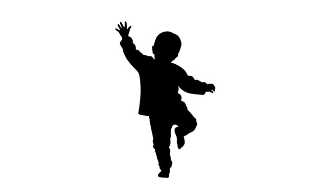 Black silhouette of a happy toddler dancing and reaching up.