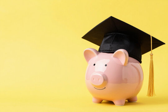 Pink piggy bank wears graduation cap.
