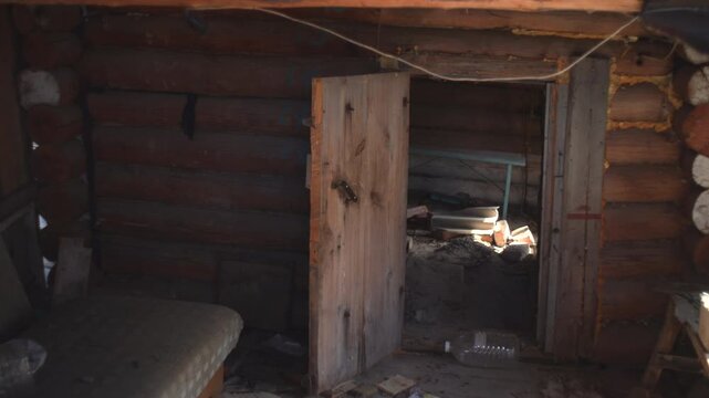 Old Door Opening. Ancient Doorway Leads To Darkness. Weathered Wooden Door Reveals Shadowy Interior. Media
