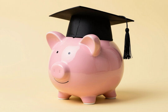Pink piggy bank wears graduation cap.
